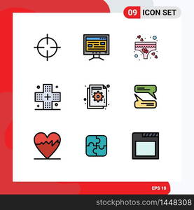 9 Thematic Vector Filledline Flat Colors and Editable Symbols of analysis, health, heart, form, disease Editable Vector Design Elements