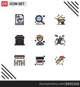 9 Thematic Vector Filledline Flat Colors and Editable Symbols of businesswoman, fire place, search, chimney, wheel Editable Vector Design Elements