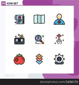 9 Thematic Vector Filledline Flat Colors and Editable Symbols of search, infect, man, video, media player Editable Vector Design Elements