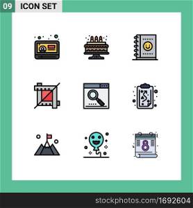 9 Thematic Vector Filledline Flat Colors and Editable Symbols of search, optimize, office, media, graphic Editable Vector Design Elements