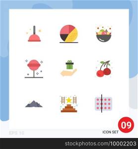 9 Thematic Vector Flat Colors and Editable Symbols of hand, sweet, seo, lollipop, confect Editable Vector Design Elements