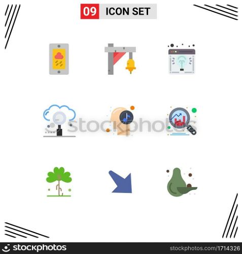 9 Thematic Vector Flat Colors and Editable Symbols of search, media, browser, engine, light bulb Editable Vector Design Elements