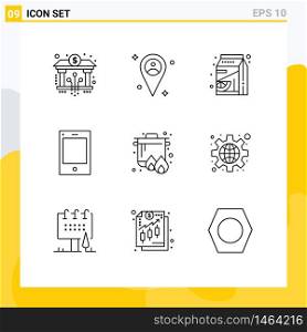 9 Thematic Vector Outlines and Editable Symbols of camping, tablet, fruit, phone, devices Editable Vector Design Elements