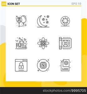 9 Thematic Vector Outlines and Editable Symbols of decorate, molecule, wheel, education, book Editable Vector Design Elements