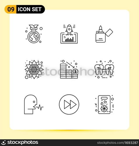 9 Thematic Vector Outlines and Editable Symbols of decrease, rangoli, web, pattern, zippo Editable Vector Design Elements