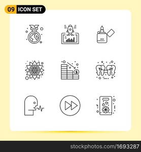 9 Thematic Vector Outlines and Editable Symbols of decrease, rangoli, web, pattern, zippo Editable Vector Design Elements
