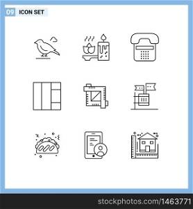 9 Thematic Vector Outlines and Editable Symbols of designing tool, crop, call, wireframe, phone Editable Vector Design Elements