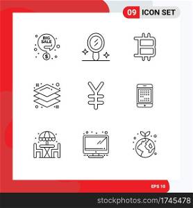 9 Thematic Vector Outlines and Editable Symbols of device, phone, sign, yen, currency Editable Vector Design Elements