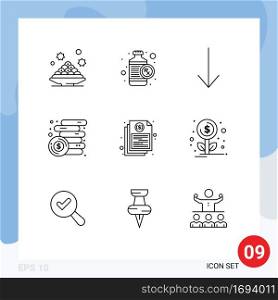 9 Thematic Vector Outlines and Editable Symbols of file, bill, rx, coins, income Editable Vector Design Elements