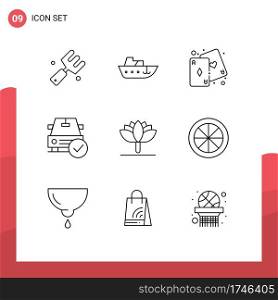 9 Thematic Vector Outlines and Editable Symbols of flower, done, cards, complete, car Editable Vector Design Elements