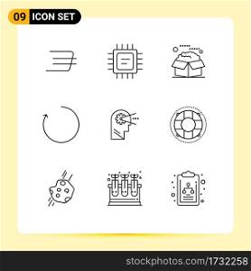 9 Thematic Vector Outlines and Editable Symbols of head, process, product, cognitive, clockwise Editable Vector Design Elements