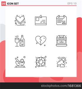 9 Thematic Vector Outlines and Editable Symbols of heart, brokan, dad, ddrink, bottle Editable Vector Design Elements