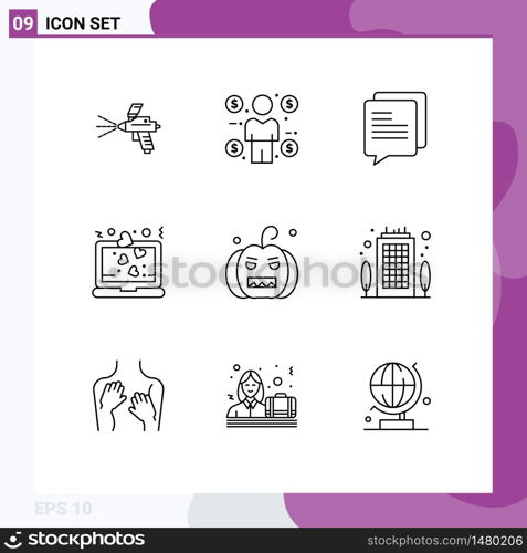 9 Thematic Vector Outlines and Editable Symbols of horror, bats, chat, romance, laptop Editable Vector Design Elements