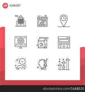 9 Thematic Vector Outlines and Editable Symbols of juice, monitor, geo, medical, health Editable Vector Design Elements