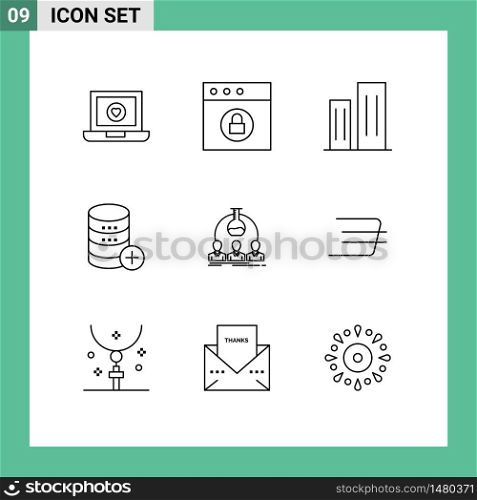 9 Thematic Vector Outlines and Editable Symbols of labortary, storage, buildings, sal, database Editable Vector Design Elements