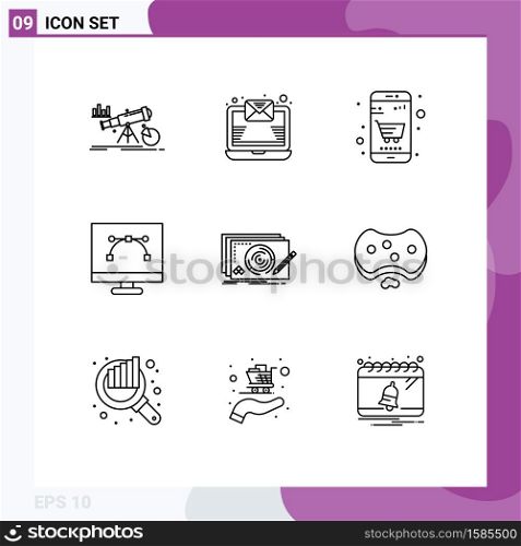 9 Thematic Vector Outlines and Editable Symbols of level, graphic design, basket, development, bezier tool Editable Vector Design Elements