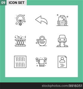 9 Thematic Vector Outlines and Editable Symbols of lock, instrument, gps, multimedia, drum Editable Vector Design Elements