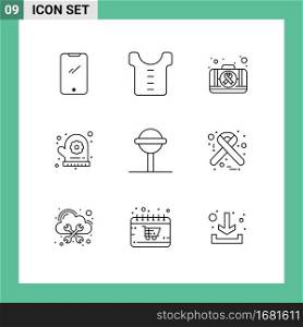 9 Thematic Vector Outlines and Editable Symbols of lollipop, candy, first aid, sauna, oven mitt Editable Vector Design Elements