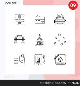 9 Thematic Vector Outlines and Editable Symbols of office bag, paper, finance, keys, letter Editable Vector Design Elements