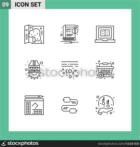 9 Thematic Vector Outlines and Editable Symbols of oil, gear, book, labour, jacket Editable Vector Design Elements
