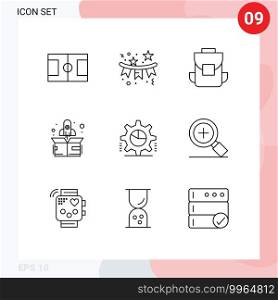 9 Thematic Vector Outlines and Editable Symbols of pie graph, cog, media, up, rocket Editable Vector Design Elements