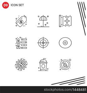 9 Thematic Vector Outlines and Editable Symbols of shooting board, team skills, disease, growth, businessman Editable Vector Design Elements