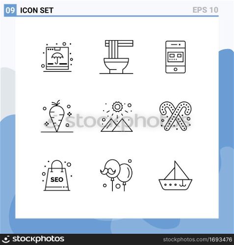 9 Thematic Vector Outlines and Editable Symbols of vitamin, thanksgiving, ramen, carrot, payment Editable Vector Design Elements