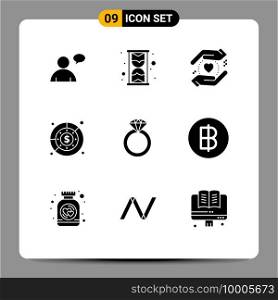 9 Thematic Vector Solid Glyphs and Editable Symbols of baht, present, love, diamond, profit Editable Vector Design Elements