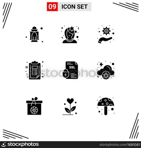 9 Thematic Vector Solid Glyphs and Editable Symbols of banking, creative, profile, clipboard, support Editable Vector Design Elements
