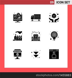 9 Thematic Vector Solid Glyphs and Editable Symbols of building, pollution, transport, energy, insurance Editable Vector Design Elements