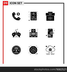 9 Thematic Vector Solid Glyphs and Editable Symbols of building, xbox, business, video, game Editable Vector Design Elements