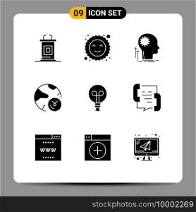 9 Thematic Vector Solid Glyphs and Editable Symbols of bulb, internet, creative, information, analysis Editable Vector Design Elements