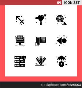 9 Thematic Vector Solid Glyphs and Editable Symbols of cell, telephoe, search, book, computer Editable Vector Design Elements