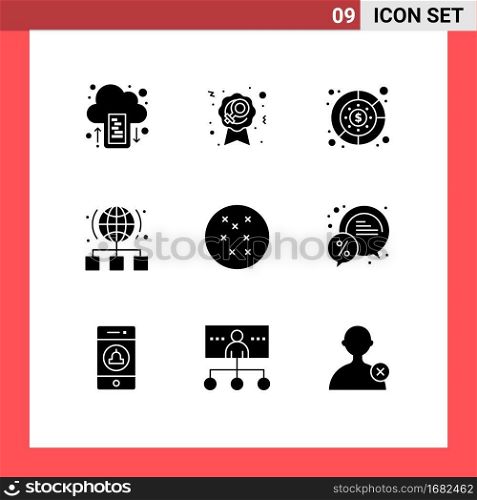 9 Thematic Vector Solid Glyphs and Editable Symbols of cross stitch, network, diagram, link, globe Editable Vector Design Elements