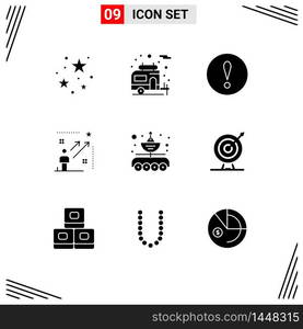 9 Thematic Vector Solid Glyphs and Editable Symbols of data transfer, antenna, attention, success, star Editable Vector Design Elements