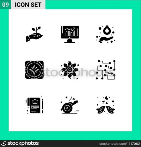 9 Thematic Vector Solid Glyphs and Editable Symbols of direction, gps, graph, science, formula Editable Vector Design Elements
