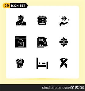 9 Thematic Vector Solid Glyphs and Editable Symbols of financial, password, management, page, interface Editable Vector Design Elements