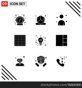 9 Thematic Vector Solid Glyphs and Editable Symbols of grid, solution, person, idea, bulb Editable Vector Design Elements