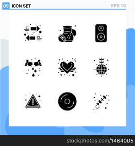 9 Thematic Vector Solid Glyphs and Editable Symbols of love, heart, woofer, love angel, plumber Editable Vector Design Elements