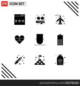 9 Thematic Vector Solid Glyphs and Editable Symbols of person, gentleman, airplane, heartflag, flg Editable Vector Design Elements