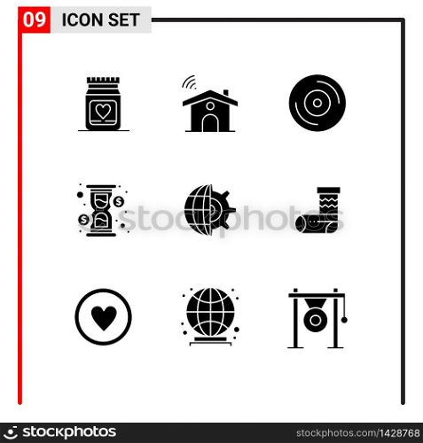 9 Thematic Vector Solid Glyphs and Editable Symbols of setting, gear, album, cash, hour Editable Vector Design Elements