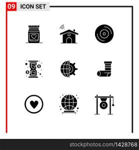 9 Thematic Vector Solid Glyphs and Editable Symbols of setting, gear, album, cash, hour Editable Vector Design Elements