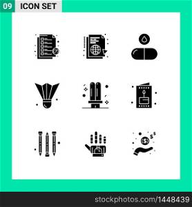 9 Thematic Vector Solid Glyphs and Editable Symbols of sports equipment, feather shuttlecock, sync, badminton birdie, pills Editable Vector Design Elements