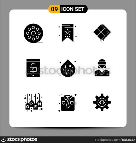 9 Thematic Vector Solid Glyphs and Editable Symbols of water, pollution, decor, mobile, encryption Editable Vector Design Elements