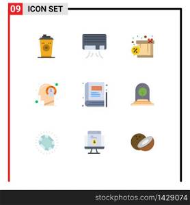 9 Universal Flat Color Signs Symbols of bookmark, process, discount, mind, head Editable Vector Design Elements