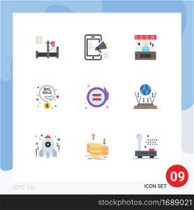 9 Universal Flat Color Signs Symbols of discount sale, big sale, mobile advertising, payment, commerce Editable Vector Design Elements