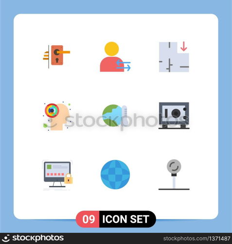 9 Universal Flat Color Signs Symbols of global, earth, right, brain, labyrinth Editable Vector Design Elements