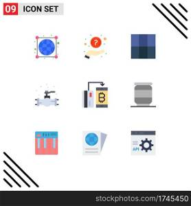 9 Universal Flat Color Signs Symbols of money, currency, grid, cashless, plumbing Editable Vector Design Elements
