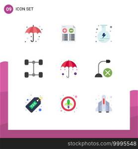 9 Universal Flat Color Signs Symbols of umbrella, gras, electricity, colorful, automobile Editable Vector Design Elements