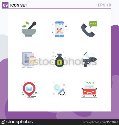 9 Universal Flat Color Signs Symbols of valuation, graph, call, data, conversation Editable Vector Design Elements